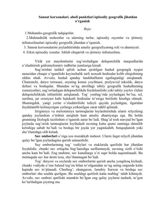 Geografik tadqiqotlar asosida muhandislik inshootlari
