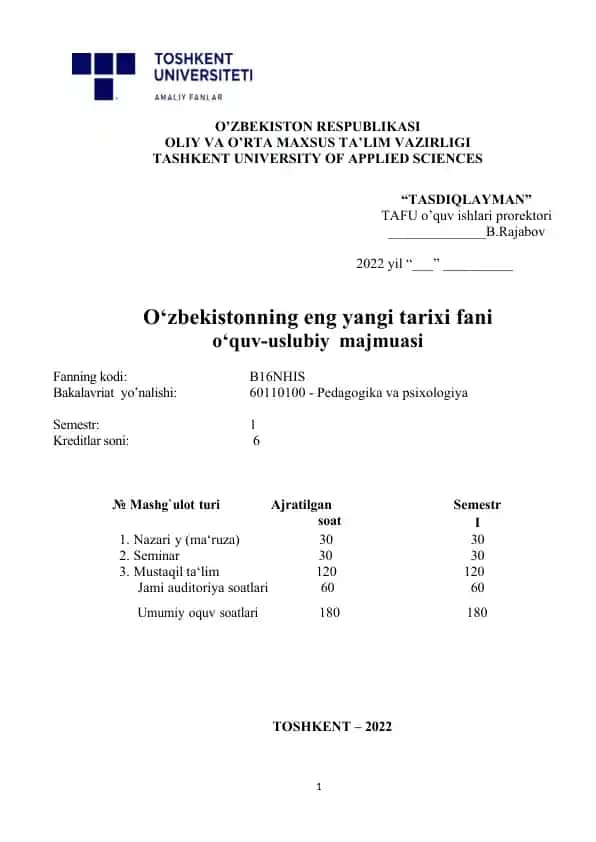 O‘zbekistonning eng yangi tarixi fani o‘quv-uslubiy majmuasi