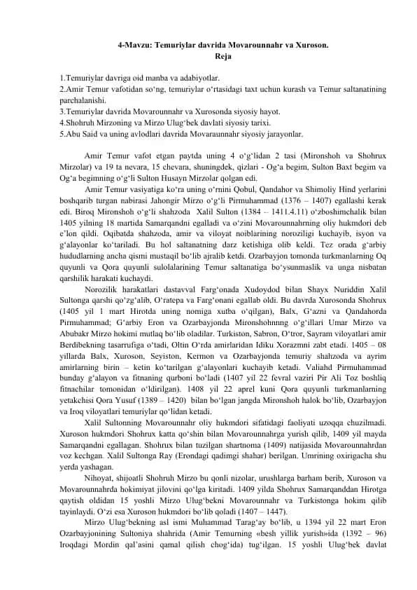 Temuriylar davrida Movarounnahr va Xuroson