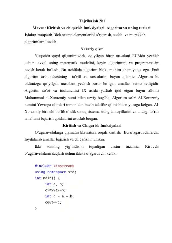 Kiritish va chiqarish funksiyalari