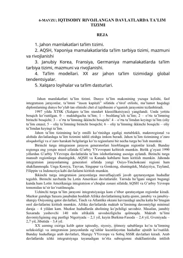IQTISODIY RIVOJLANGAN DAVLATLARDA TA’LIM TIZIMI