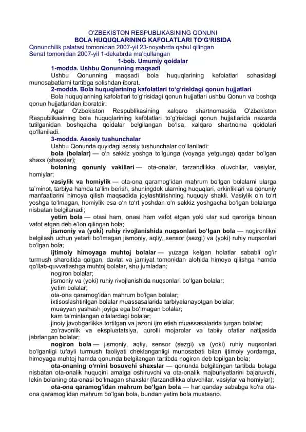 O‘ZBEKISTON RESPUBLIKASINING QONUNI BOLA HUQUQLARINING KAFOLATLARI TO‘G‘RISIDA