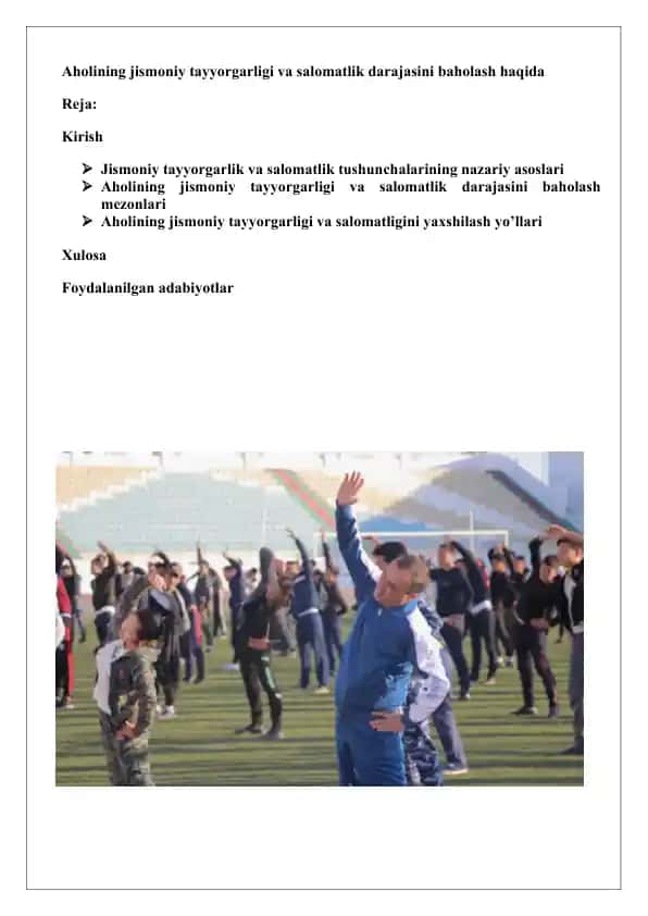 Aholining jismoniy tayyorgarligi va salomatlik darajasini baholash
