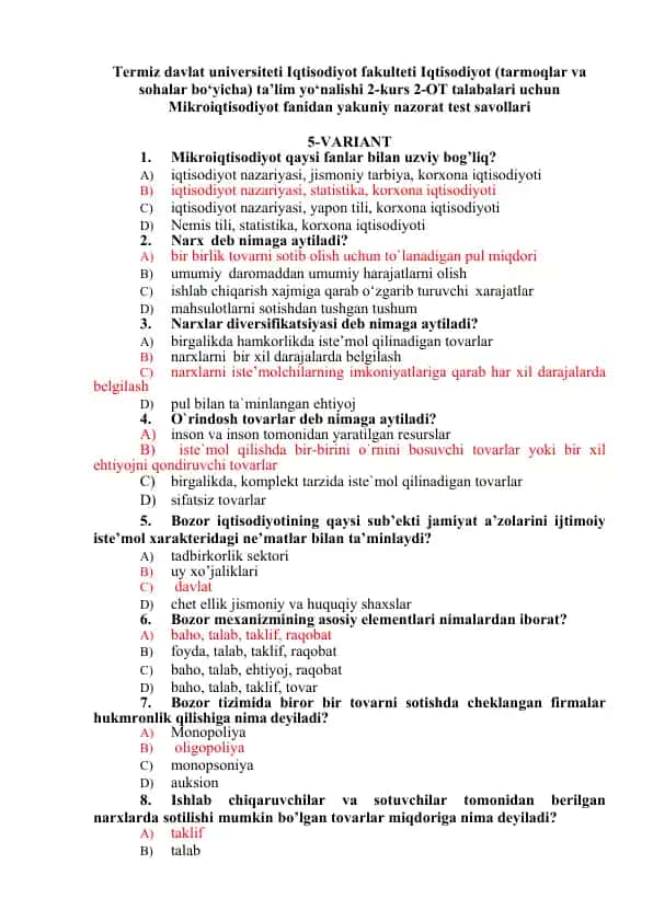 Mikroiqtisodiyot yakuniy nazorat test savollari