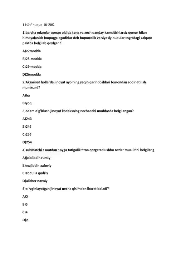 Huquq bo'yicha savollar va javoblar
