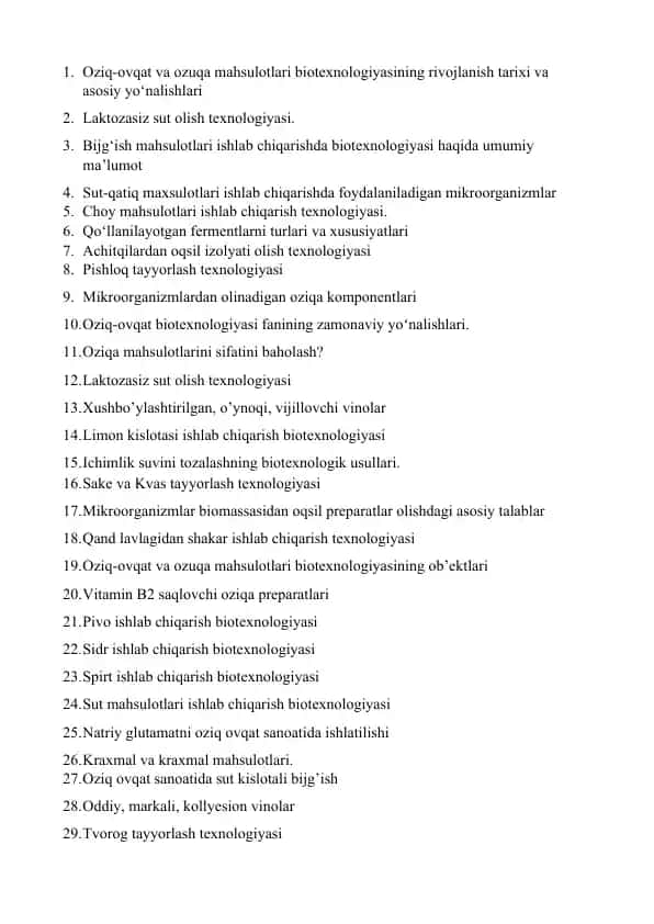 Oziq-ovqat va ozuqa mahsulotlari biotexnologiyasining rivojlanish tarixi va asosiy yo‘nalishlari