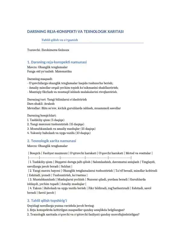 DARSNING REJA-KONSPEKTI VA TEXNOLOGIK XARITASI