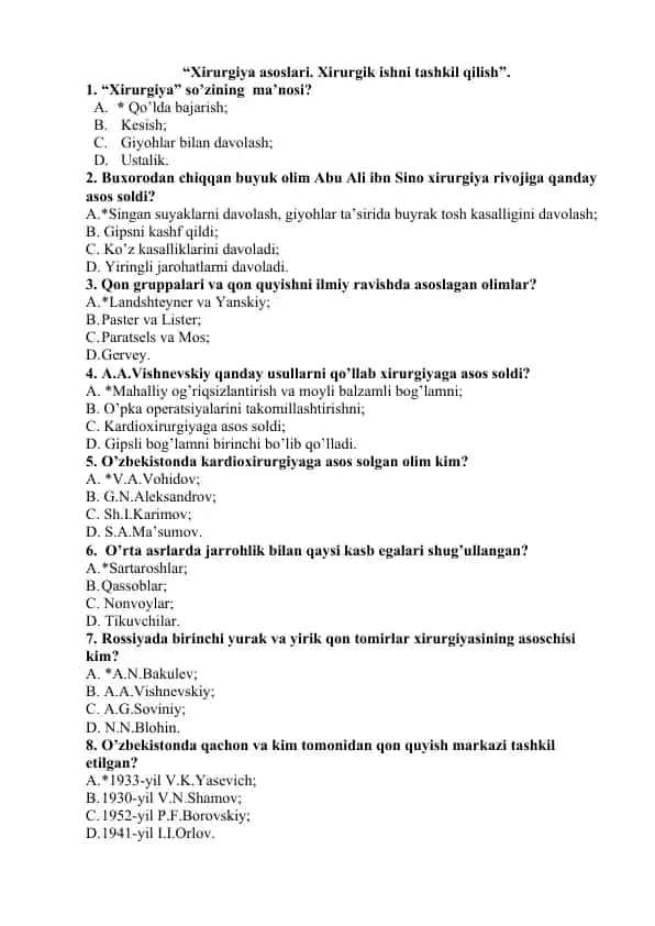 Xirurgiya asoslari. Xirurgik ishni tashkil qilish