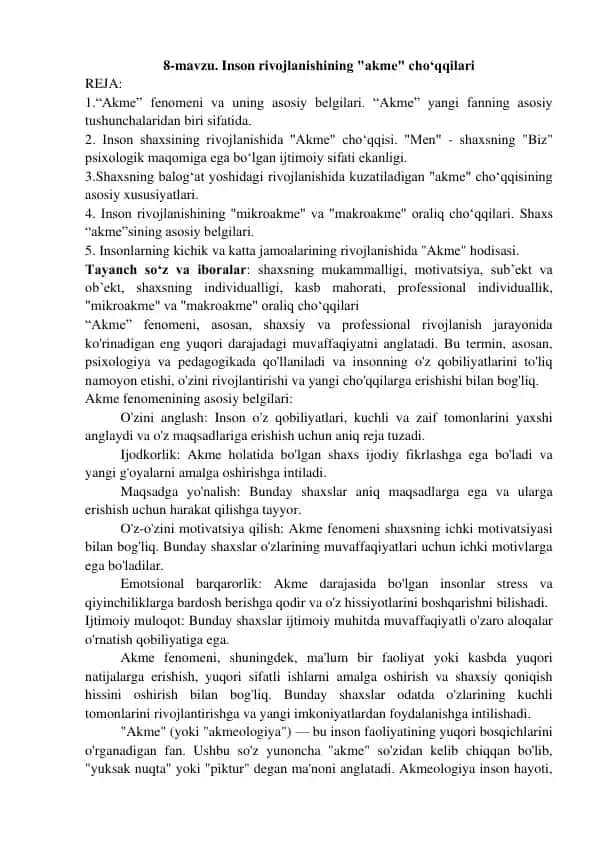Inson rivojlanishining "akme" cho‘qqilari