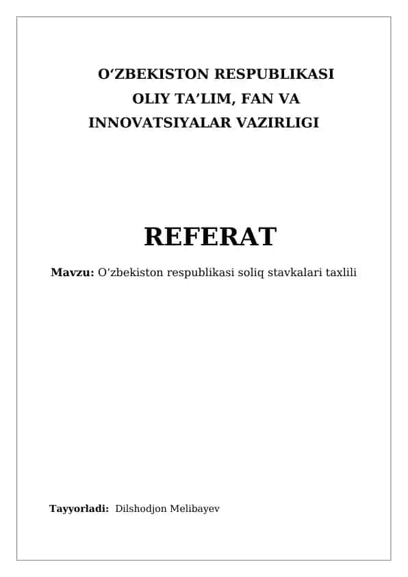 Oʻzbekiston respublikasi soliq stavkalari taxlili