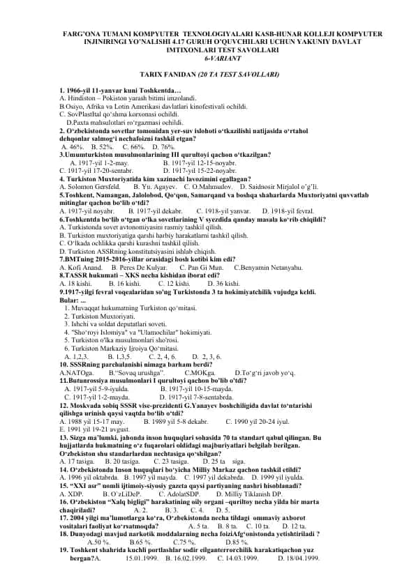 TARIX FANIDAN IMTIXON TEST SAVOLLARI