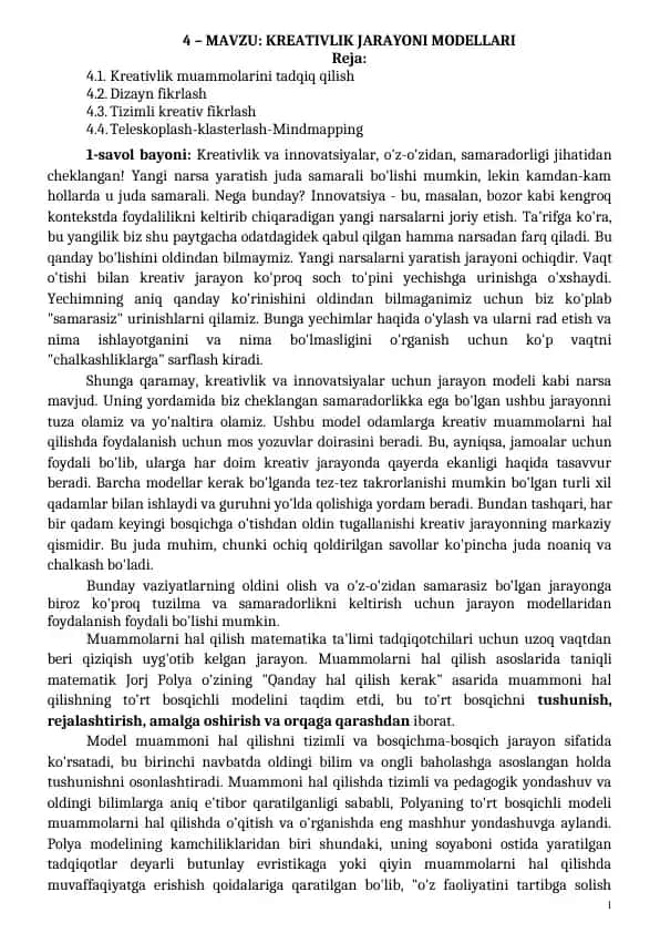 KREATIVLIK JARAYONI MODELLARI