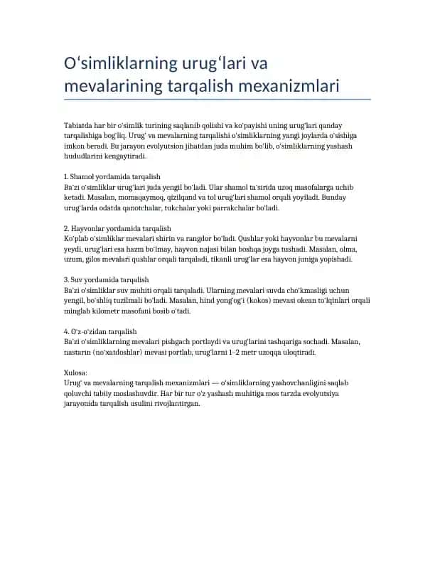 Urugʻ va mevalarning tarqalishi