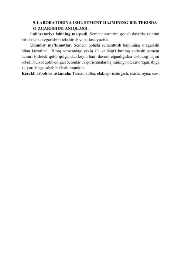 Laboratoriya ishi. Sement hajmining bir tekisda o‘zgarishini aniqlash