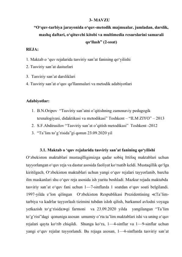 Tasviriy san’at o’qitish metodikasi
