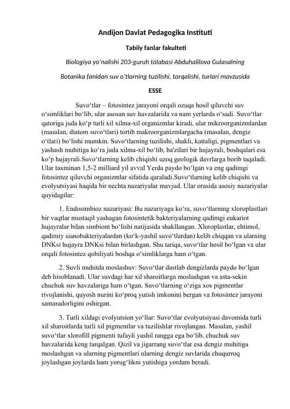 Botanika fanidan suv o’tlarning tuzilishi, tarqalishi, turlari