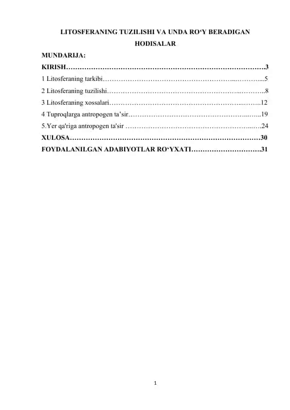 Litosferaning tuzilishi va unda ro'y beradigan hodisalar