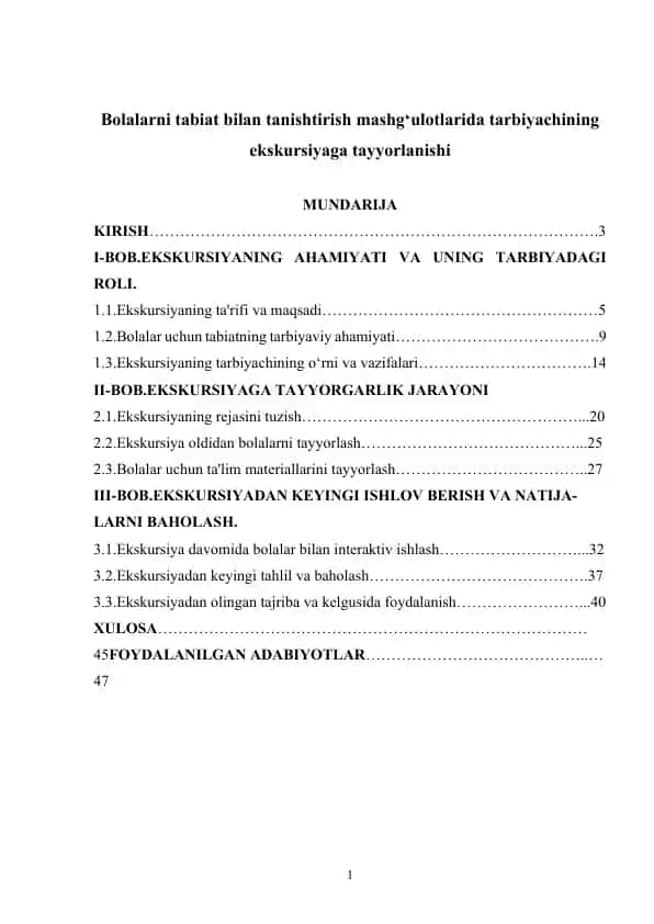 Bolalarni tabiat bilan tanishtirish mashg‘ulotlarida tarbiyachining ekskursiyaga tayyorlanishi