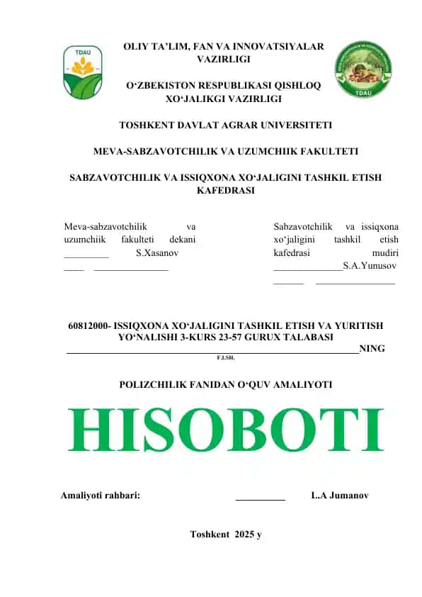 ISSIQXONA XO‘JALIGINI TASHKIL ETISH VA YURITISH YO‘NALISHI