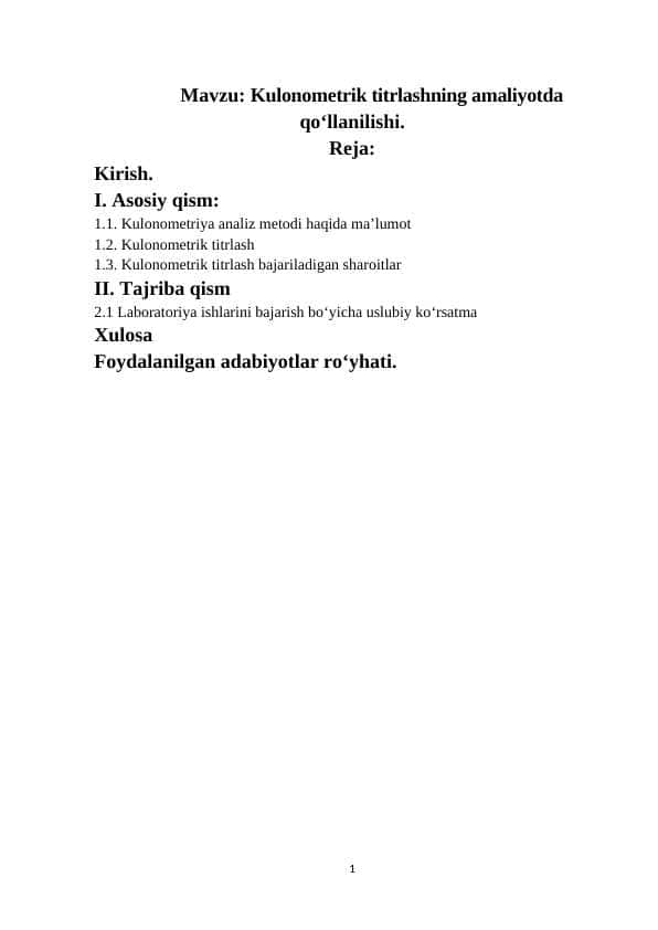 Kulonometrik titrlashning amaliyotda qoʻllanilishi