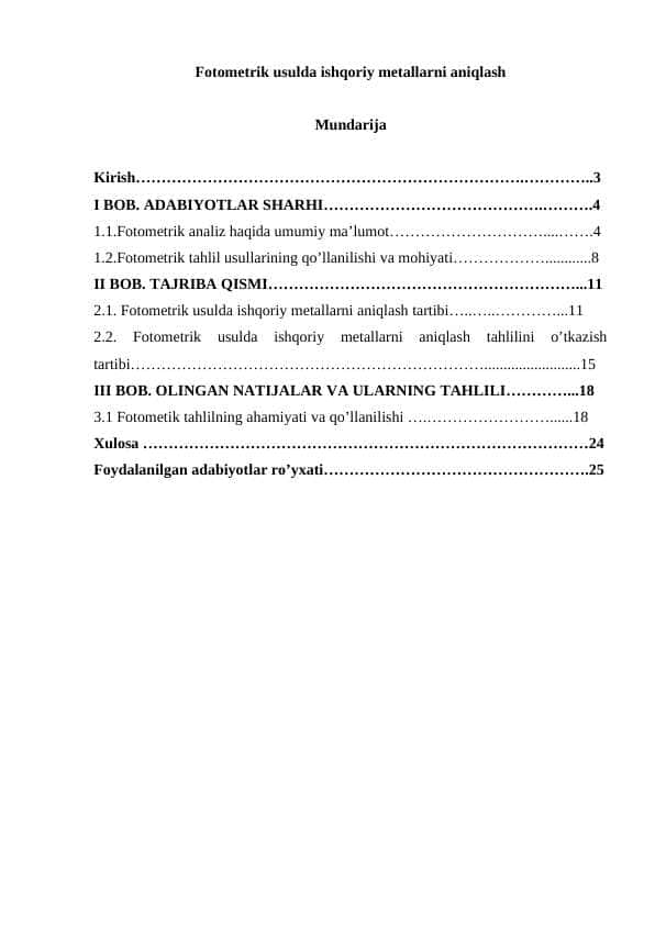 Fotometrik usulda ishqoriy metallarni aniqlash kurs ishi