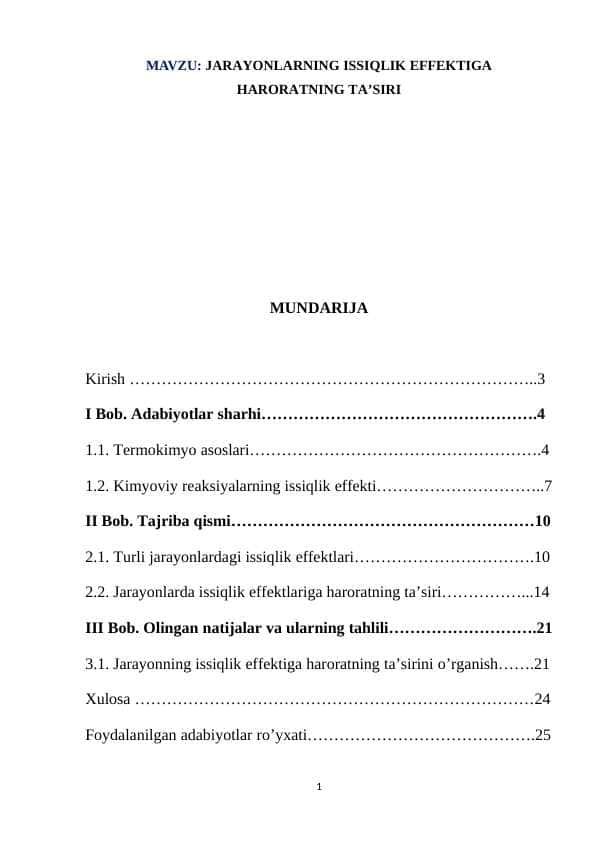 JARAYONLARNING ISSIQLIK EFFEKTIGA HARORATNING TA’SIRI kurs ishi