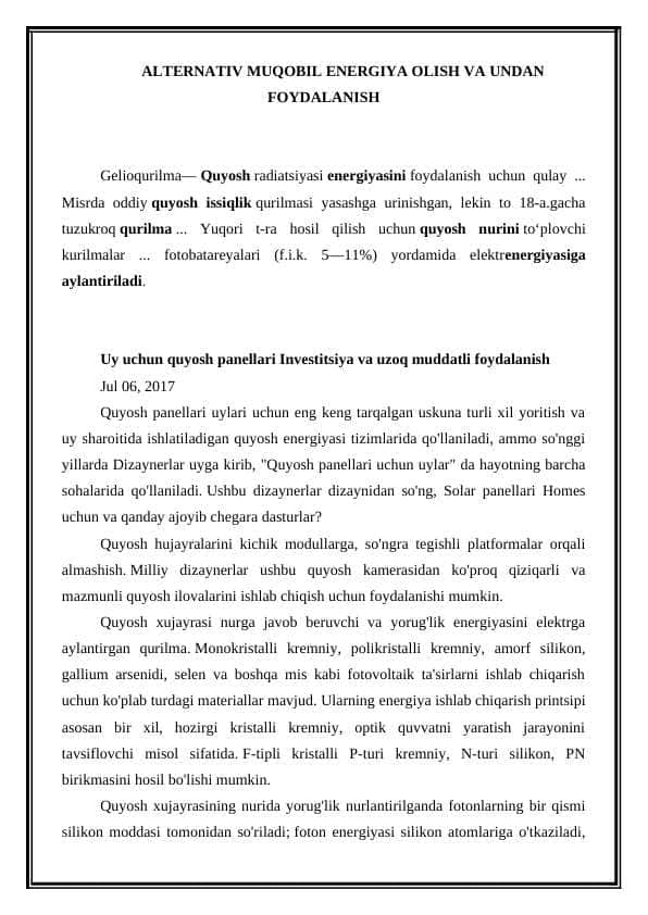 Alternativ Muqobil energiya olish va undan foydalanish