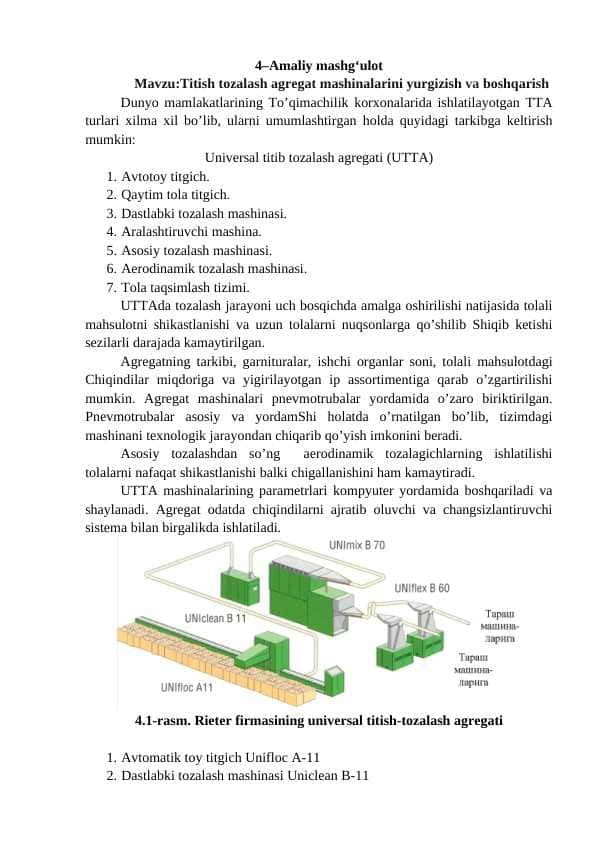Titish tozalash agregat mashinalarini yurgizish va boshqarish