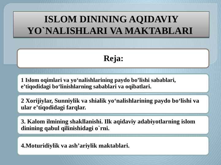 ISLOM DININING AQIDAVIY YO`NALISHLARI VA MAKTABLARI