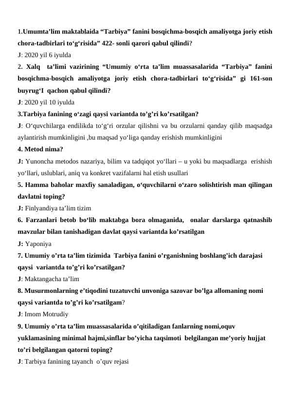 Tarbiya Attestatsiya savollari javobi word