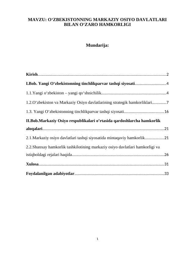 O‘ZBEKISTONNING MARKAZIY OSIYO DAVLATLARI BILAN O‘ZARO HAMKORLIGI