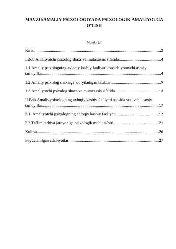 AMALIY PSIXOLOGIYADA PSIXOLOGIK AMALIYOTGA O'TISH
