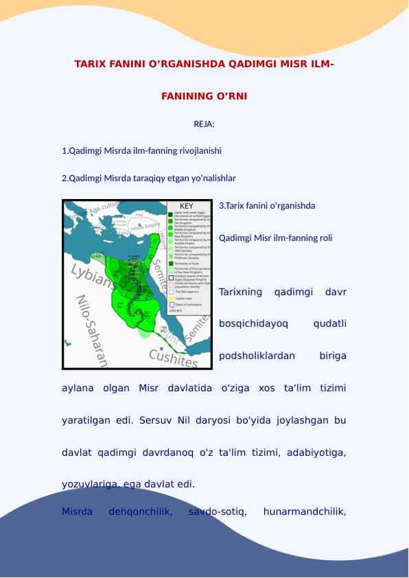 TARIX FANINI O’RGANISHDA QADIMGI MISR ILM-FANINING O’RNI