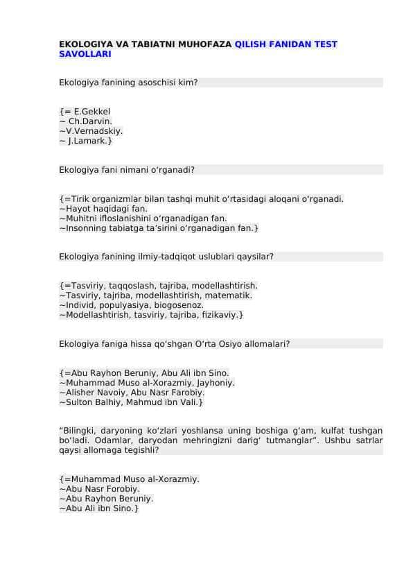 EKOLOGIYA VA TABIATNI MUHOFAZA QILISH FANIDAN TEST SAVOLLARI