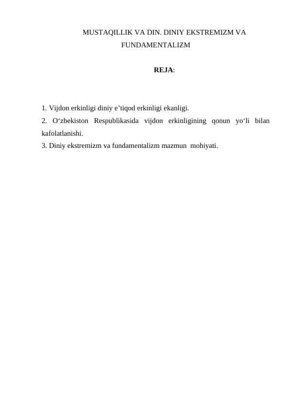 MUSTAQILLIK VA DIN. DINIY EKSTREMIZM VA FUNDAMENTALIZM