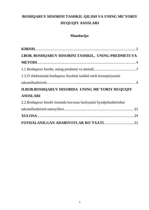 Boshqaruv hisobini tashkil qilish va uning me'yoriy huquqiy asoslari