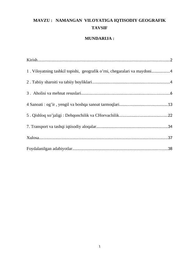 Namangan viloyatiga qtisodiy geografik tavsif