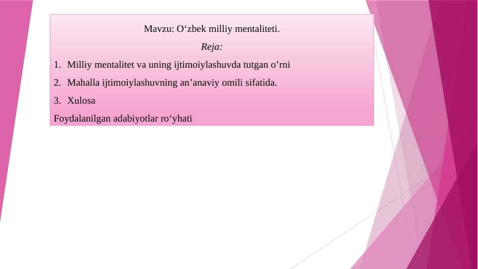 O‘zbek milliy mentaliteti.