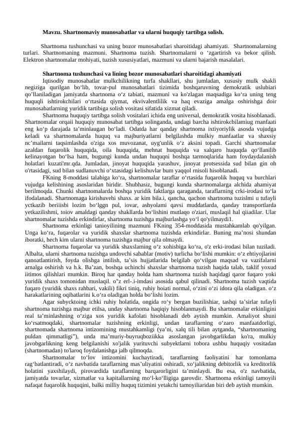 Shartnomaviy munosabatlar va ularni huquqiy tartibga solish