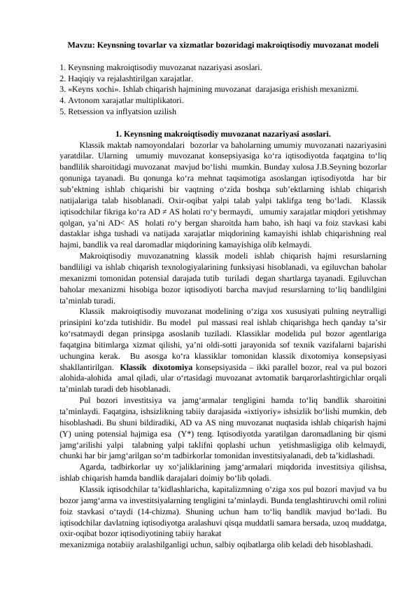 Keynsning tovarlar va xizmatlar bozoridagi makroiqtisodiy muvozanat modeli