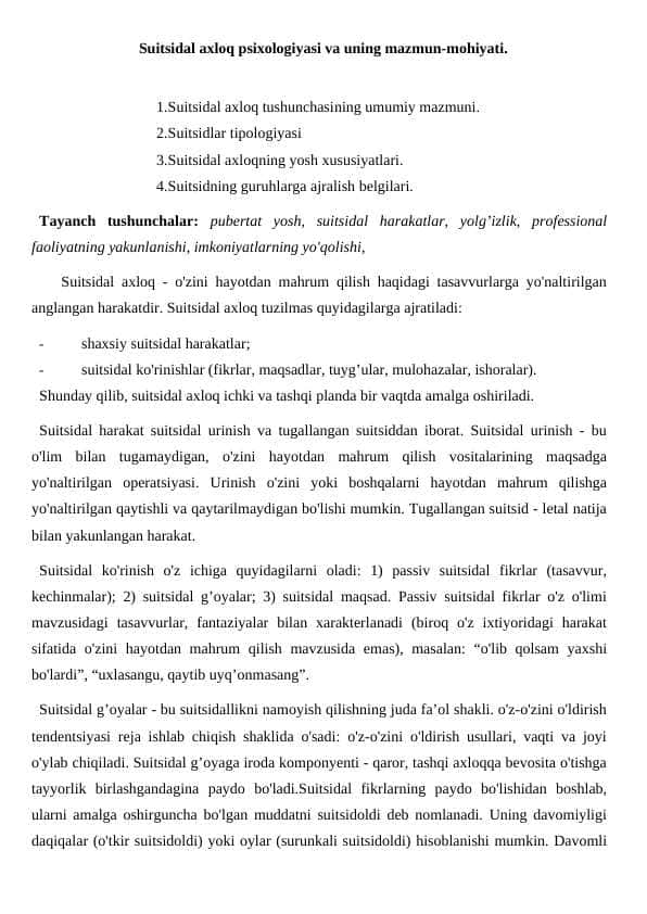 Suitsidal axloq psixologiyasi va uning mazmun-mohiyati.