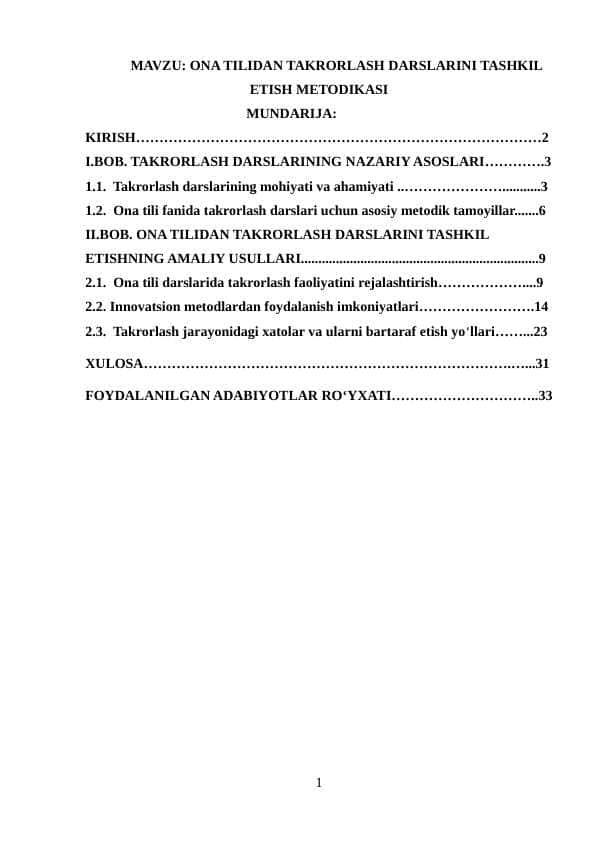 ONA TILIDAN TAKRORLASH DARSLARINI TASHKIL ETISH METODIKASI