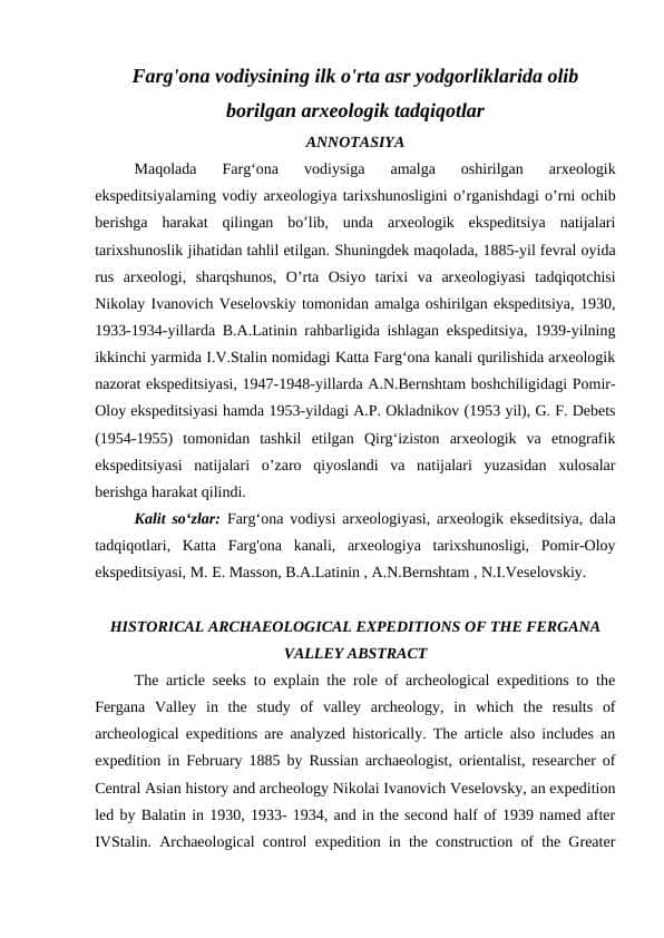 Farg'ona vodiysining ilk o'rta asr yodgorliklarida olib borilgan arxeologik tadqiqotlar maqola