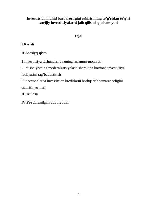 Investitsiya va investitsion kreditlar iqtisodiyot rivojiga ta’siri+