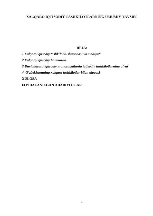XALQARO IQTISODIY TASHKILOTLARNING UMUMIY TAVSIFI