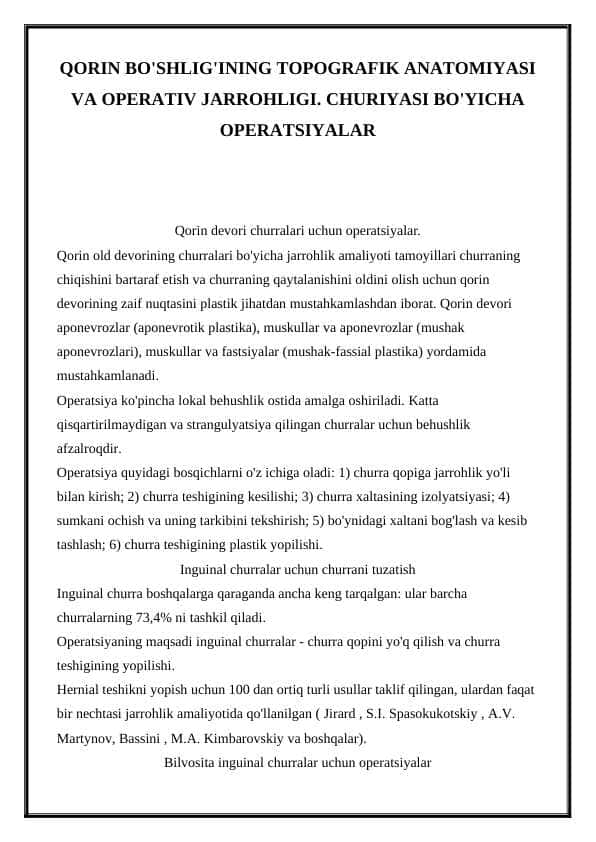 QORIN BO'SHLIG'INING TOPOGRAFIK ANATOMIYASI VA OPERATIV JARROHLIGI. CHURIYASI BO'YICHA OPERATSIYALAR