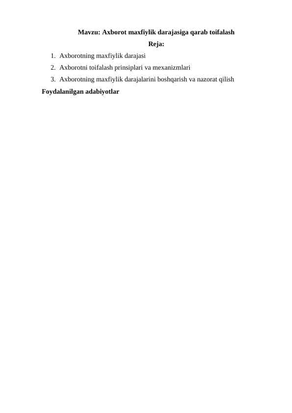 Axborot maxfiylik darajasiga qarab toifalash