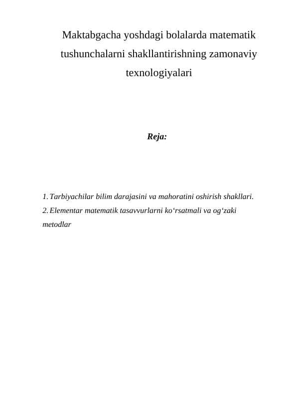 Maktabgacha yoshdagi bolalarda matematik tushunchalarni shakllantirishning zamonaviy texnologiyalari