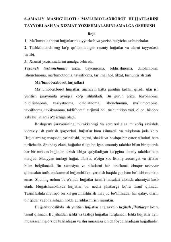 MA’LUMOT-AXBOROT HUJJATLARINI TAYYORLASH VA XIZMAT YOZISHMALARINI AMALGA OSHIRISH