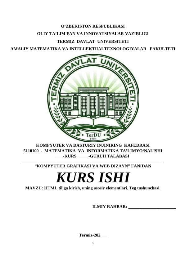 HTML tiliga kirish, uning asosiy elementlari. Teg tushunchasi.